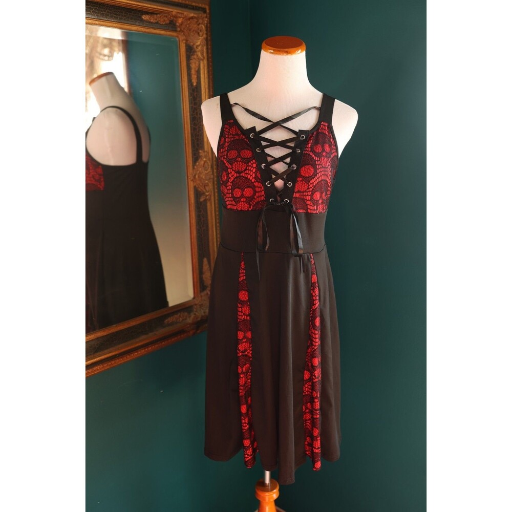 Women's Fit & Flare Dress Red Black Skull Lace Corset Vamp Mall Goth Whimsigoth